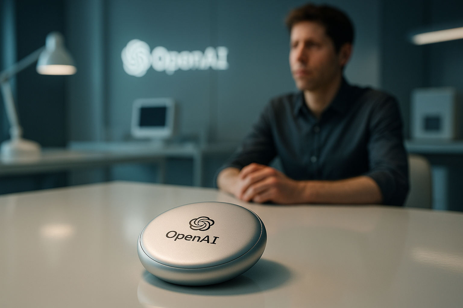 Sam Altman with a OpenAI device. AImagine by AICU