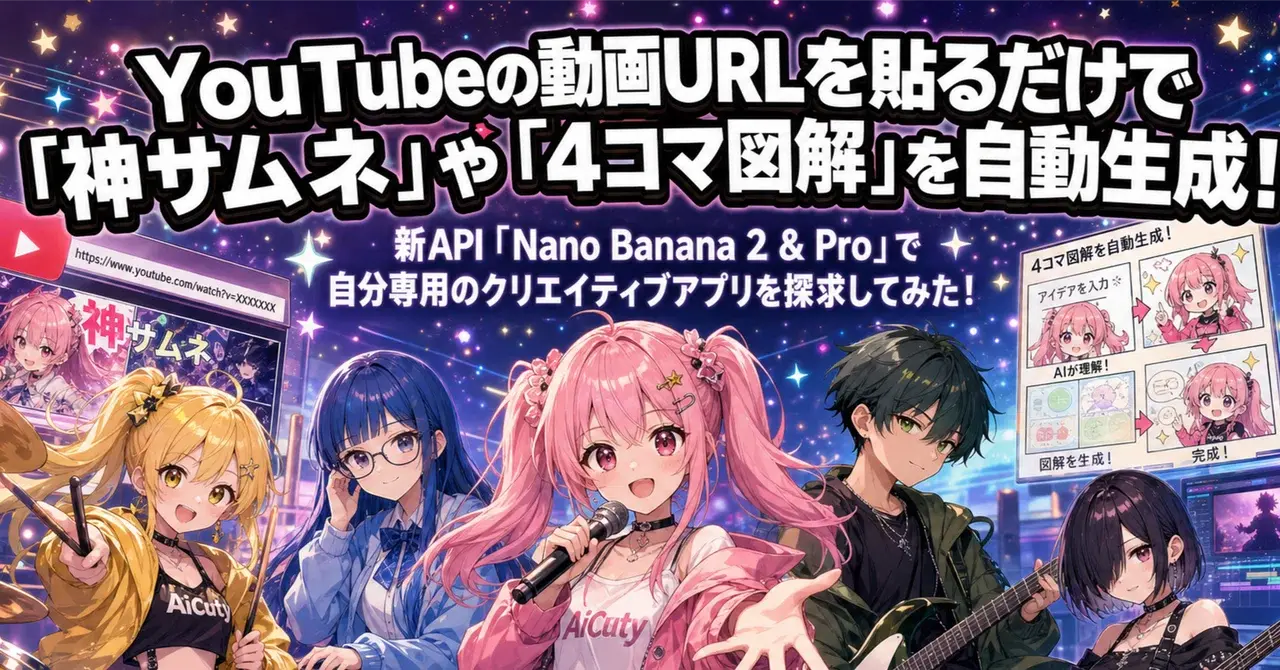 YouTubeの動画URLを貼るだけで「神サムネ」や「4コマ図解」を自動生成！新API「Nano Banana 2 & Pro」で使える実用プロンプトを探求してみた!